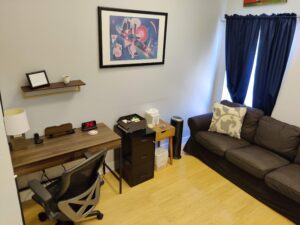 Layout example of this office with desk and couch for counseling or consulting services